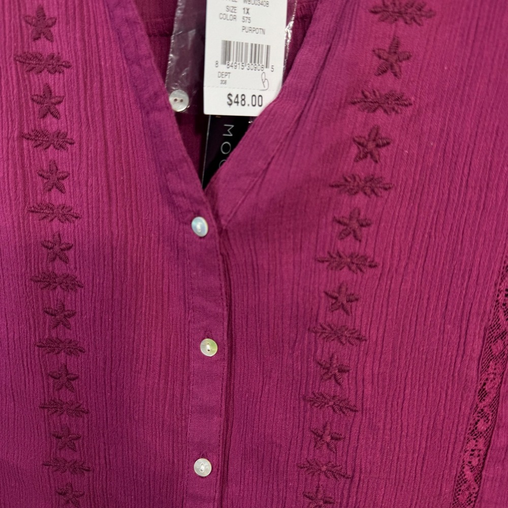 Preswick & Moore Women 1X Burgundy Cotton Gauze Embroidered Lace Button Top NWT - Picture 7 of 10